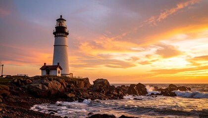 Naklejka premium 夕日を背景にした海岸の灯台のクローズアップ