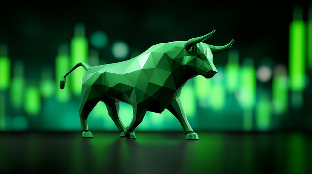 Green polygonal bull with stock market candlestick chart in background symbolizing bullish trend. 
