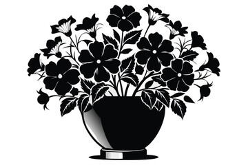 Black Flowers and Leaves in Vase, Floral Arrangement on White Background Design