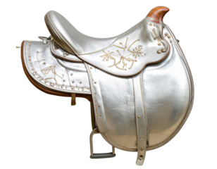 Top-Down View of Silver Horse Saddle, Detailed Leather and Metalwork, isolated on transparent background PNG