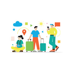 Travelers with Luggage and Smartphone Preparing for Vacation