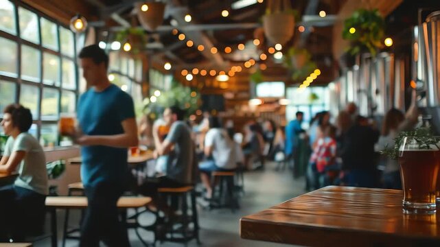 Two amber ales with rosemary garnish on a wooden table in a busy brewery