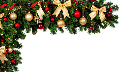 Christmas background with pine leaves and pine cones on white background.