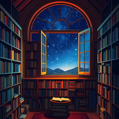 A cozy library full of books with an open window showing the night sky