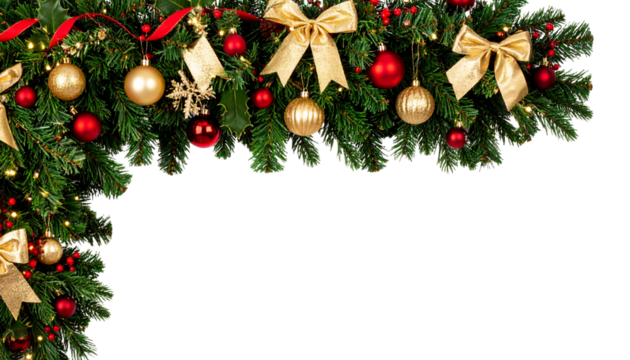 Christmas background with pine leaves and pine cones on white background.