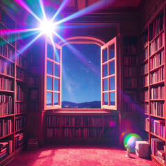 A cozy library full of books with an open window showing the night sky