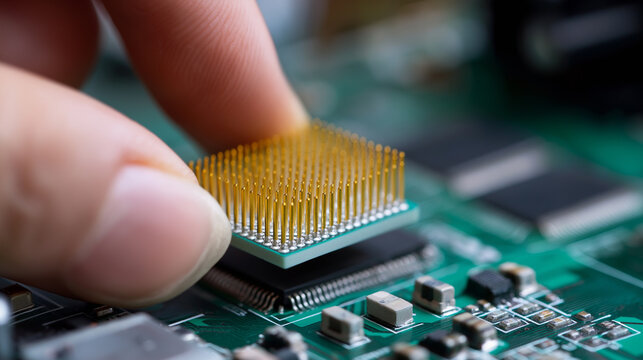 Technician hand installing processor chip onto computer motherboard. 
