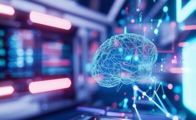 3D digital brain hologram inside futuristic data center symbolizing artificial intelligence. 
