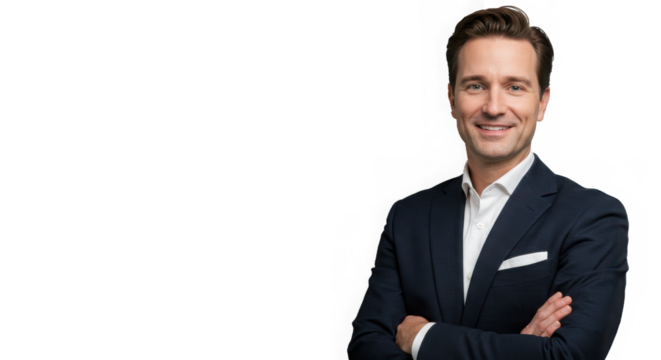 Smiling businessman with arms crossed, isolated on transparent background