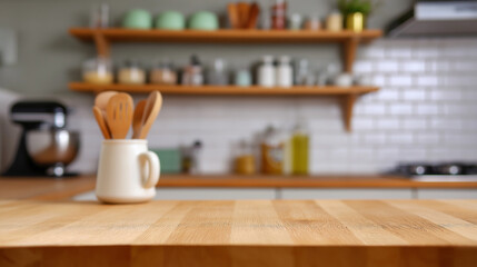 Wooden kitchen countertop with blurred modern interior and window in background. 

