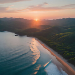 Aerial beautiful shot of a seashore with hills on the background at sunset