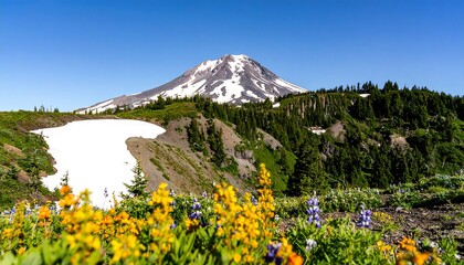 Wildflowers in vibrant bloom foreground a snow-capped mountain under a clear blue sky