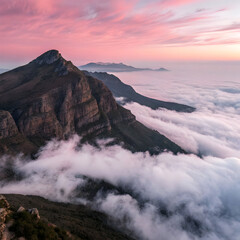 aerial view of a mountain covered in fog under the river