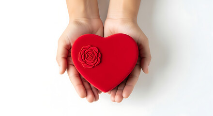 Obraz premium Childs Hands Holding A Red Heart Shaped Object With A Rose Symbol
