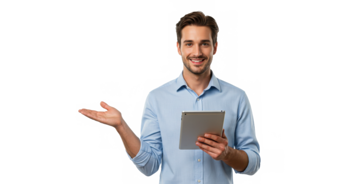 Smiling man holding a tablet in hand isolated on transparent background in studio shot