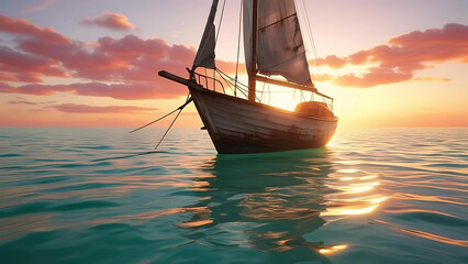 Fototapeta premium Wooden Sailboat on Calm Sea at Sunset – Peaceful Ocean Sailing Concept