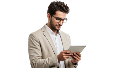 Man using tablet isolated on transparent background