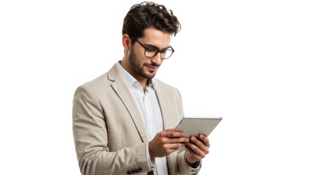 Man using tablet isolated on transparent background