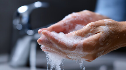 Fototapeta premium Close-up of person washing hands with soap and water at bathroom sink for hygiene. 