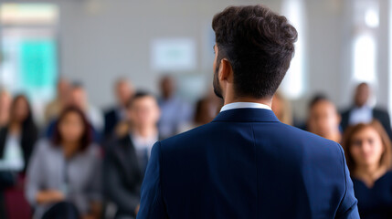 Rear view of businessman speaking to audience at corporate seminar or conference. 
