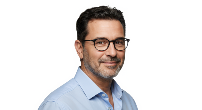 Middle aged man with eyeglasses isolated on transparent background in studio shot