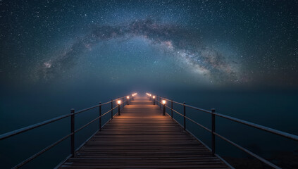 Fototapeta premium A wooden bridge stretches into the night, illuminated by lights under a starry sky.
