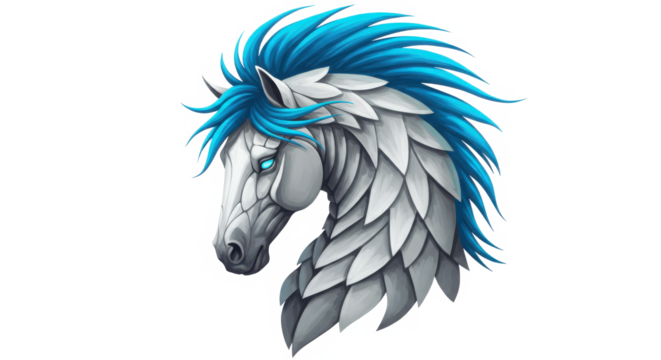 Illustration of a majestic horse with a blue mane isolated on transparent background
