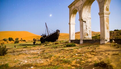 Fototapeta premium Desert shipwreck under starry sky