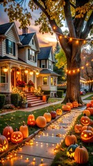 Fototapeta premium Charming suburban street lined with houses decorated for halloween, featuring glowing pumpkins and festive lights along the pathway