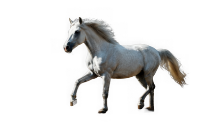 Elegant white horse isolated on transparent background gracefully walking forward
