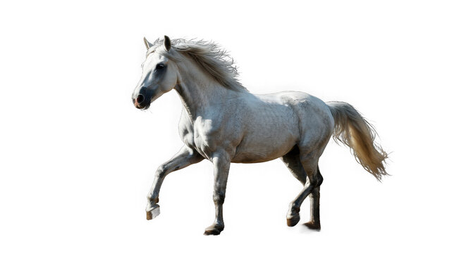 Elegant white horse isolated on transparent background gracefully walking forward