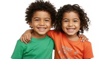 Two smiling children isolated on transparent background embracing each other warmly