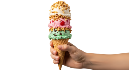 Hand holding a colorful stack of ice cream scoops in a waffle cone, isolated on a transparent background