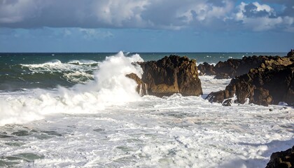 Powerful waves crashing against rocky coastline