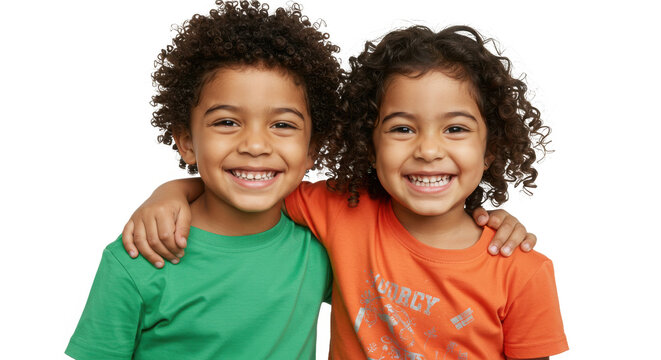 Two smiling children isolated on transparent background embracing each other warmly - Powered by Adobe