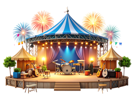 Vibrant Festival Stage Setup Under a Big Top Tent with Musical Instruments and Dazzling Fireworks Display