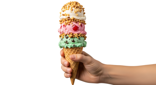 Hand holding a colorful stack of ice cream scoops in a waffle cone, isolated on a transparent background - Powered by Adobe