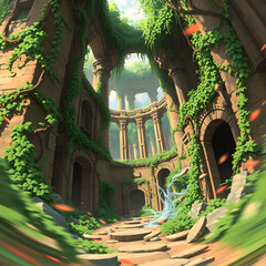 Obraz premium Ancient ruins with vines and overgrown plants in the background