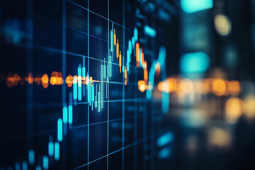 Dynamic Stock Market Chart with Blurred Cityscape Background in Blue and Orange