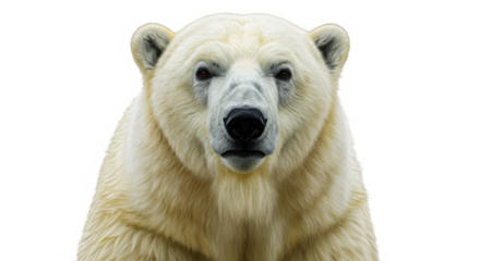 Close up of a polar bear face isolated on transparent background, looking at camera