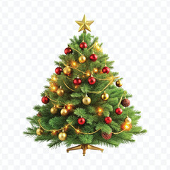 realistic 3d christmas tree with lights, red and gold christmas balls and stars isolated on white background