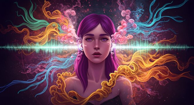 Ethereal portrait of a woman with purple hair, surrounded by abstract energy and a glowing soundwave, a concept of synesthesia or inspiration.