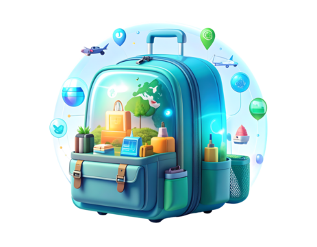 Conceptual artwork of a vibrant travel backpack, containing a world of adventure and exploration possibilities