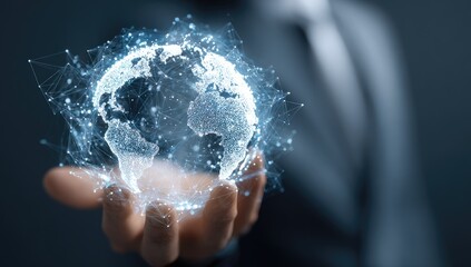 A hand holds a digital globe, network lines connecting continents