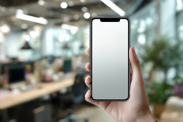 Hand holding a smartphone with a blank white screen in a modern office background.