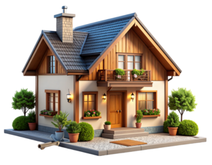 Cozy modern house illustration, blue roof and wooden facade, representing comfortable family living