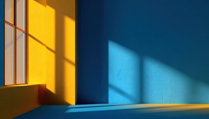 Interior corner with yellow and blue walls, sunlit window