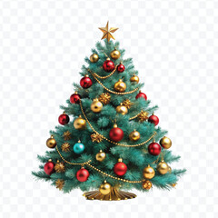 realistic 3d christmas tree with lights, red and gold christmas balls and stars isolated on white background