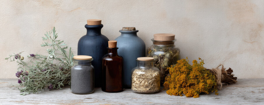 Various glass jars filled with herbs and natural ingredients, accompanied by dried plants, set against a textured background. - Powered by Adobe