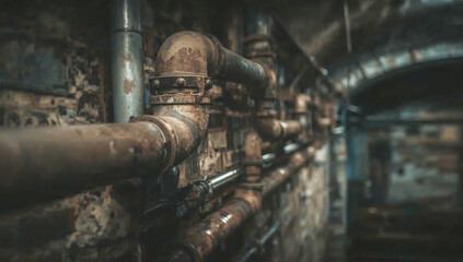 Fototapeta premium Old sewer tunnel with rusty iron pipes and aged brick walls.